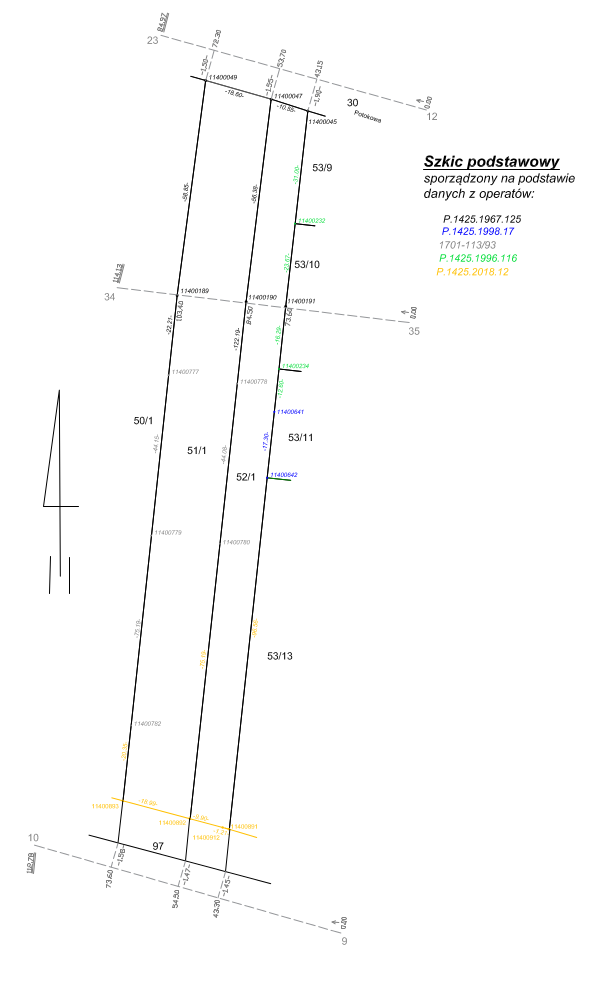 Zdjęcie przedstawia dokument ze szkicem podstawowym będącym wizualną formą danych z pomiaru własnego oraz danych z operatów. Pod rysunkiem znajdują się dane lokalizacyjne i identyfikacyjne działki oraz dane osoby sporządzającej dokument.