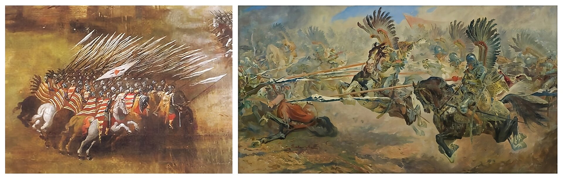 Grafika składa się z dwóch obrazów. Na ilustracji po lewej stronie widoczny fragment obrazu Szymona Boguszowicza obrazujący atak polskiej husarii w trakcie bitwy pod Kłuszynem w 1610 roku. Żołnierze ustawieni w pięć szeregów zwarli się już w szyku i przygotowują konie do wejścia z galopu w cwał. Zaczynają opuszczać kopie do poziomu równoległego z kierunkiem szarży. W środku grupy jeźdźców widoczna chorągiew roty. Żołnierze zwróceni są w prawą stronę. W prawym górnym rogu widać nacierające z naprzeciwka wojsko. Po prawej stronie znajduje się obraz Stanisława Kaczora Batowskiego przedstawiający szarżę husarii pod Chocimiem w 1673 roku. Na pierwszym planie w centrum obrazu dwóch husarzy w cwale szarżuje na janczarów. Jeden z nich wyłania się z lewej strony obrazu trzymając pikę w dłoniach. Jeźdźcy unoszą się jakby w powietrzu. Ich impet jest prawie wyczuwalny. Szarża sprawia, że wznoszą się tumany kurzu, które przesłaniają dalszych jeźdźców. Z lewej strony widoczny powalony koń wraz z husarzem. Widać jedynie jeźdźca buty z ostrogami, bo resztę przykrywa kurz. 