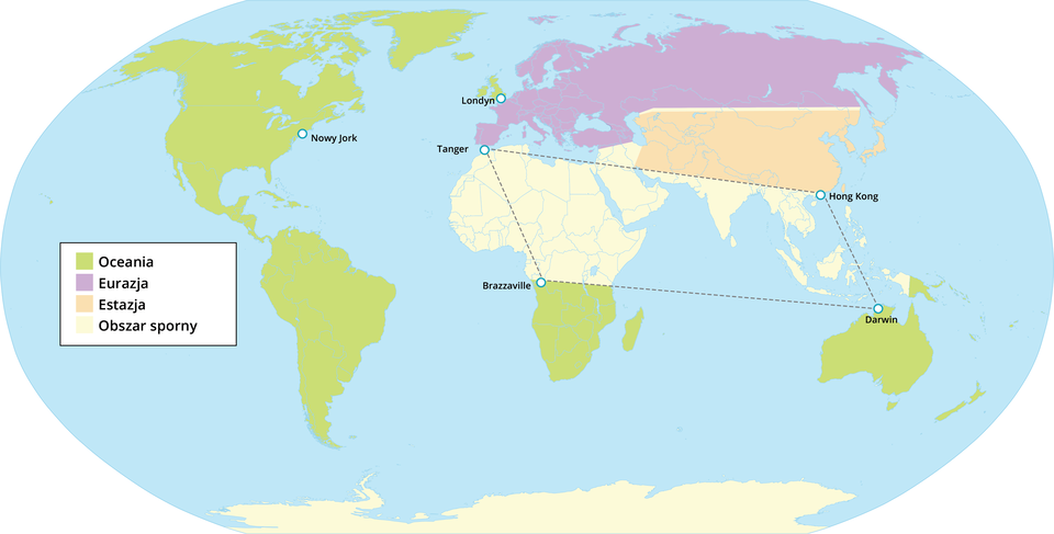 Mapa świata w układzie elipsoidalnym przedstawia kontynenty pokolorowane według przynależności do czterech kategorii:
Oceania zaznaczona na zielono obejmuje Australię, Nową Zelandię, część wysp Pacyfiku oraz południową część Afryki.
Eurazja oznaczona na fioletowo obejmuje całą Rosję i większość Europy, w tym Wielką Brytanię.
Estazja w kolorze pomarańczowym zajmuje wschodnią i południową część Azji, m.in. Chiny i część Indii.
Obszar sporny w kolorze kremowym rozciąga się od północnej Afryki przez Bliski Wschód, część Azji Południowej i południowej Europy.
Na mapie oznaczono sześć punktów: Nowy Jork w Ameryce Północnej, Londyn i Tanger w Europie i Afryce Północnej, Brazzaville w Afryce Środkowej, Hongkong w Azji Wschodniej oraz Darwin w Australii. Punkty te połączone są przerywanymi liniami tworzącymi trójkątną siatkę.