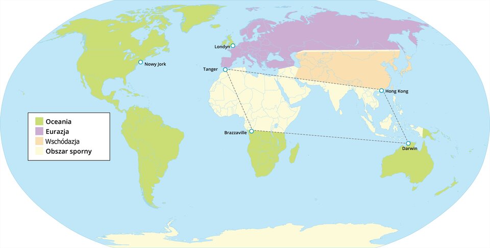 Mapa świata w układzie elipsoidalnym przedstawia kontynenty pokolorowane według przynależności do czterech kategorii:
Oceania zaznaczona na zielono obejmuje Australię, Nową Zelandię, część wysp Pacyfiku oraz południową część Afryki.
Eurazja oznaczona na fioletowo obejmuje całą Rosję i większość Europy, w tym Wielką Brytanię.
Wschódazja w kolorze pomarańczowym zajmuje wschodnią i południową część Azji, m.in. Chiny i część Indii.
Obszar sporny w kolorze kremowym rozciąga się od północnej Afryki przez Bliski Wschód, część Azji Południowej i południowej Europy.
Na mapie oznaczono sześć punktów: Nowy Jork w Ameryce Północnej, Londyn i Tanger w Europie i Afryce Północnej, Brazzaville w Afryce Środkowej, Hongkong w Azji Wschodniej oraz Darwin w Australii. Punkty te połączone są przerywanymi liniami tworzącymi trójkątną siatkę.