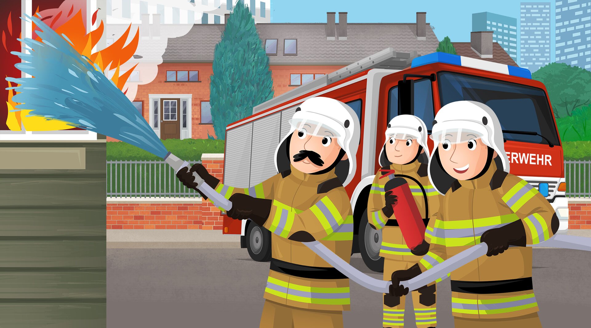 Na ilustracji znajdują się strażacy gaszący pożar