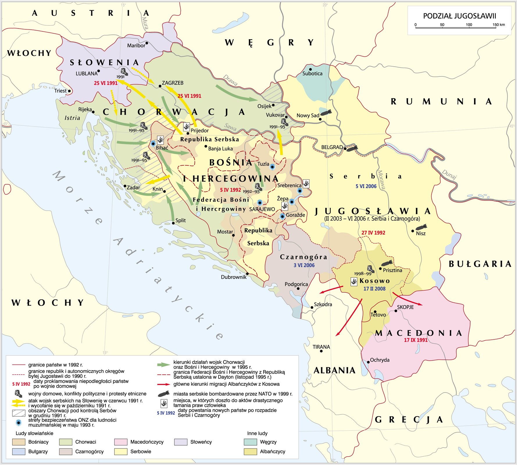 Kliknij żeby powiększyć Mapa Rozpad Jugosławii i konflikty wojenne na jej terenie. Granice republik i autonomicznych okręgów byłej Jugosławii do 1990 roku: Bośnia i Hercegowina, Chorwacja, Macedonia, Czarnogóra, Serbia, Słowenia, Kosowo, Wojewodina;