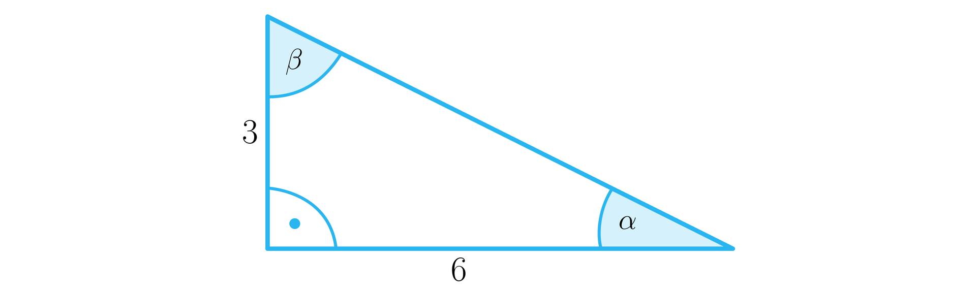 Grafika przedstawia trójkąt prostokątny. Pionowa przyprostokątna ma długość 3, pozioma przyprostokątna ma długość sześć. Kąt pomiędzy dłuższą przyprostokątną  i przeciwprostokątną jest podpisany literą alfa. Kąt pomiędzy krótszą przyprostokątną  i przeciwprostokątną jest podpisany literą beta.
