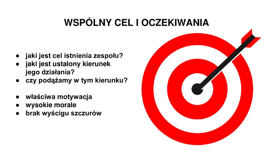 U góry tekst: Wspólny cel i oczekiwania. Polewej napisy: jaki jest cel istnienia zespołu? Jaki jest ustalony kierunek jego działania? Czy podążamy w tym kierunku? Cechy wspólnego celu: właściwa motywacja; wysokie morale; brak wyścigu szczurów. Po prawej rysunek tarczy z biało‑czerwonymi polami oraz strzałą w polu w samym środku tarczy.