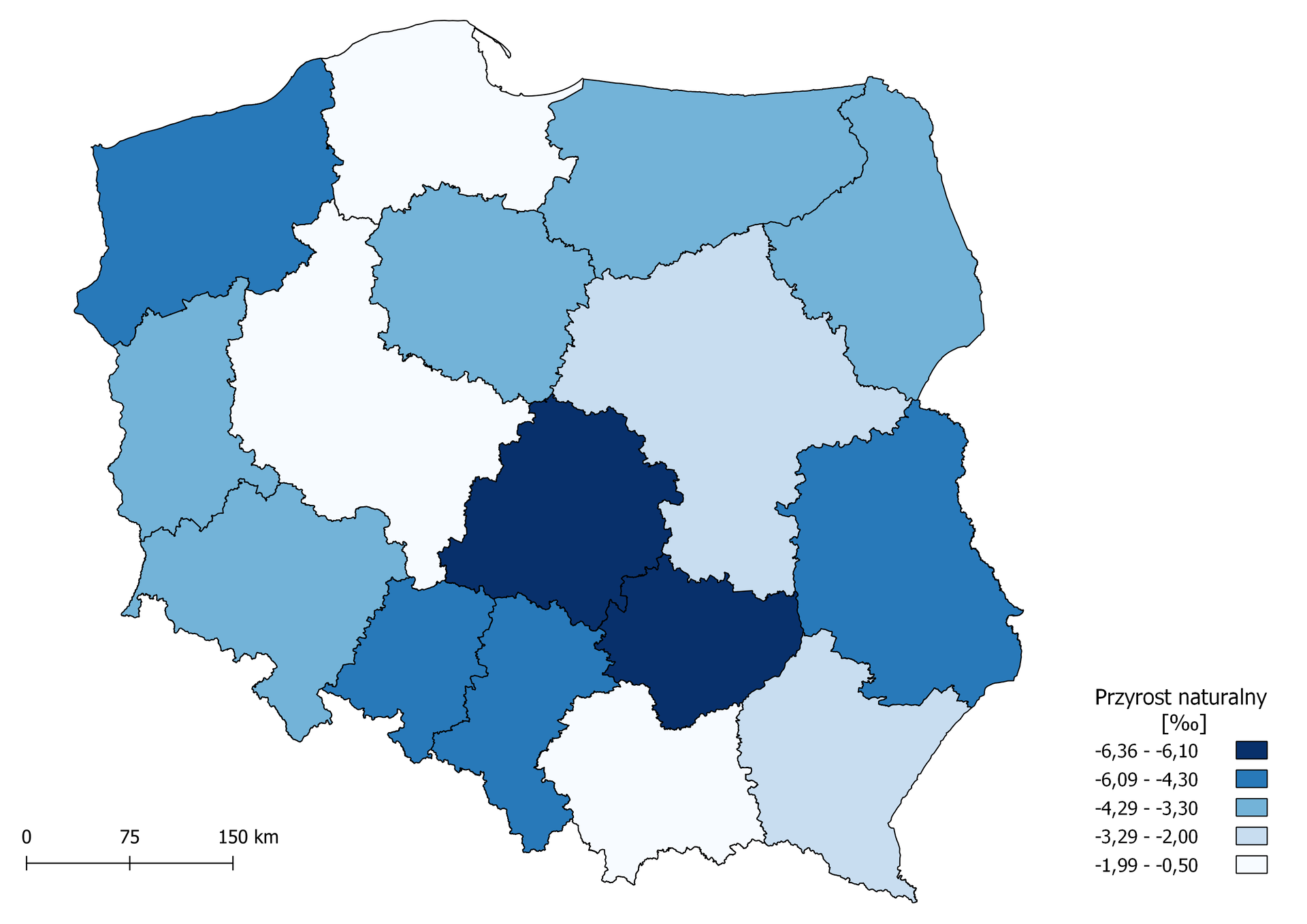 Mapa ukazuje informacje na temat przyrostu naturalnego (w promilach) w poszczególnych województwach w 2020 roku. Największy był on w województwach: łódzkim i świętokrzyskim i wynosił od -6,36 do 06,10. Kolejno w opolskim, śląskim, lubelskim, zachodnio‑pomorskim wskaźnik miał wartość od -6,09 do -4,30. Następnie w warmińsko‑mazurskim, podlaskim, kujawsko‑pomorskim, lubuskim, dolnośląskim od -4,29 do -3,30. Później w mazowieckim i podkarpackim od -3,29 do -2,00. Najmniejszy przyrost występował w województwach pomorskim, wielkopolskim i małopolskim – od -1,99 do -0,50.