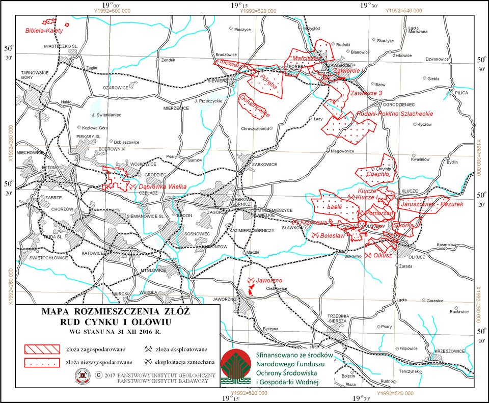 Mapa rozmieszczenia złóż cynku i ołowiu w Polsce. Na mapie jest obszar województwa śląskiego. Zaznaczono złoża zagospodarowane i niezagospodarowane. Złoża niezagospodarowane: w pobliżu Wojkowic, Laski, Chechło, Jaruszowiec‑Pazurek, Sikorka, Poręba, Zawiercie 1 i 3, Rodaki‑Rokitno Szlacheckie, Siewierz, Gołuchowice, Marciszów, Bibiela‑Kalety. Złoża zagospodarowane: na północ od Olkusza - Pomorzany. Eksploatacja zaniechana: Dąbrówka Wielka, Krzykawa, Jaworzno. Złoża eksploatowane: Olkusz, Bolesław, Klucze.   