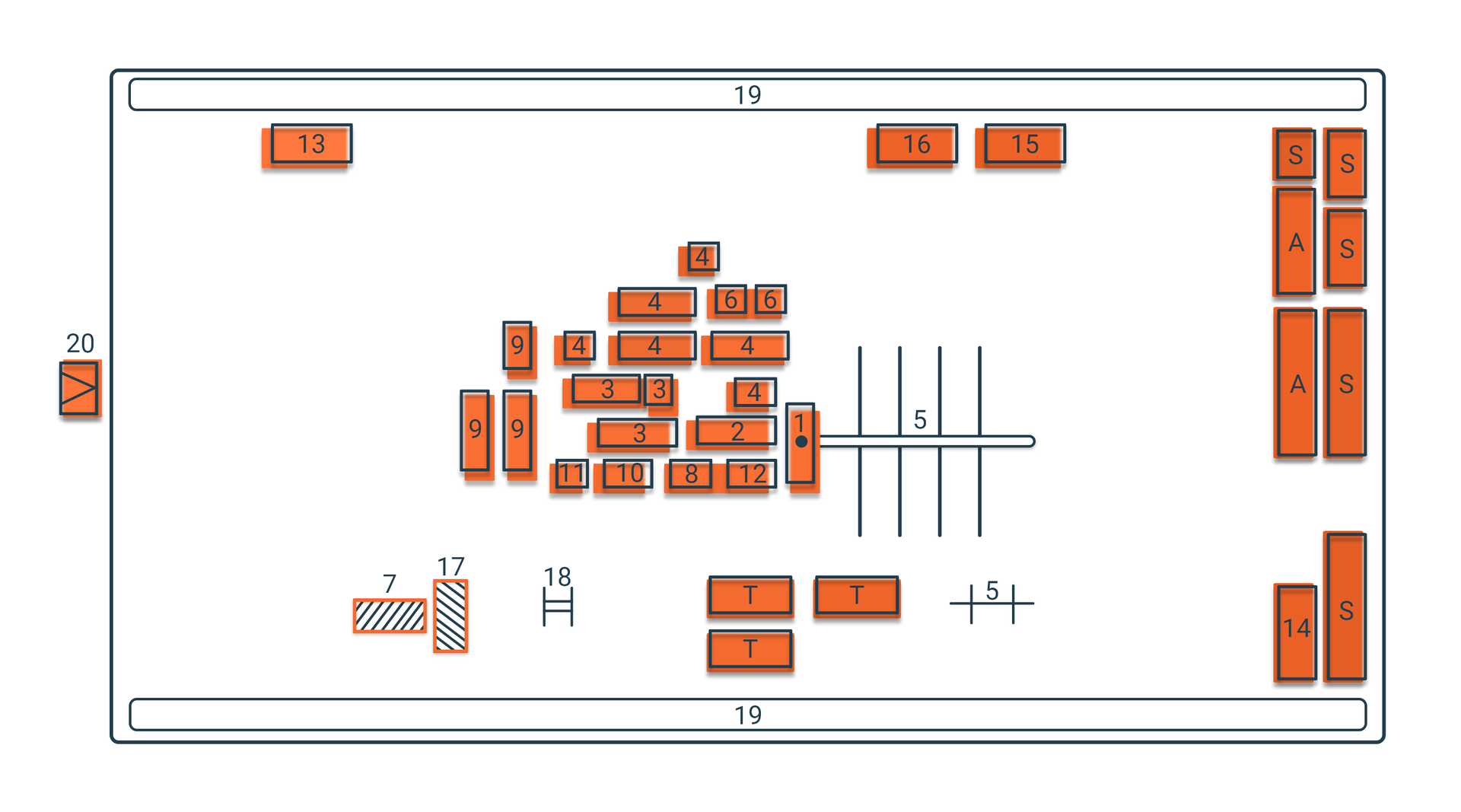 Na zdjęciu przedstawiono schemat ustawienia poszczególnych urządzeń i osprzętu wokół głowicy odwiertu: Rozstawienie jest na planie prostokąta. Największe zagęszczenie znajduje się w centralnej części prostokąta. Wszystkie elementy poza elementem podpisanym cyfrą pięć i liczbą osiemnaście są w kształcie prostokąta.Centralny element na schemacie podpisany cyfrą jeden jest to wieżomaszt. Po lewej stronie wieżomasztu znajdują się dwadzieścia małych prostokątów podpisanych cyframi: dwa oznaczająca stanowisko maszyn, trzy oznaczająca pompy płuczkowe, cztery oznaczające obieg płuczkowy, sześć oznaczający zbiornik urobkowy, dziewięć oznaczający agregatownie, dziesięć oznaczający kompresorownie, dwanaście oznaczający kajutę wiertacza. Po prawej stronie narysowana jest prosta przedzielona czterema linia prostymi oznaczona cyfrą pięć czyli rampy rurowe. W górnej części schematu znajduje się trzy prostokąty podpisane numerami trzynaście czyli kotłownią, szesnaście czyli laboratorium geologicznym oraz piętnaście czyli laboratorium płuczkowym. Po prawej stronie schematu znajdują się prostokąty ustawione w dwóch rzędach podpisane literami: S, A i cyfrą czternaście oznaczającą warsztat mechanika, magazyn. Niżej wieżomasztu znajduje się ponownie element podpisany liczną pięć, trzy prostokąty podpisane literą T, element o kształcie litery H podpisany liczbą osiemnaście oznaczającym stoisko przeciwpożarowe, oraz dwa prostokąty opisane cyfrą siedem i siedemnaście które są wypełnione liniami prostymi równoległymi biegnącymi pod kątem przez prostokąt. Element z cyfrą siedem oznacza zbiornik paliwa, a element z liczbą siedemnaście oznacza magazyn smarów. Niżej znajduje się podłużny poziomy prostokąt podpisany liczbą dziewiętnaście oznaczający skład humusu. Po lewej stronie widoczny jest prostokąt z literą V w środku podpisany liczbą dwadzieścia oznaczający stacje transformatorową. 