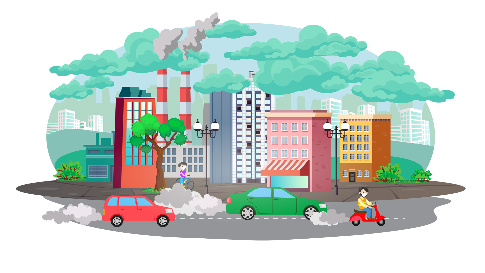 Ilustracja przedstawia miejski krajobraz. W tle widać zarys wysokich budynków miejskich i błękitne niebo z dużą ilością turkusowych chmur. W centralnej części ilustracji jest szary plac, na którym stoi kilka wysokich budynków. Obok jednego z nich znajdują się dwa wysokie kominy w biało‑czerwone pasy. Z kominów leci gęsty szary dym. Dookoła budynków rośnie kilka zielonych krzewów i jedno drzewo liściaste. Na placu znajdują się również dwie podwójne latarnie. Obok jednej z nich jedzie na rowerze chłopiec o czarnych włosach. Jest ubrany w fioletową koszulkę z krótkimi rękawami, krótkie błękitne spodnie i pomarańczowe buty z żółtymi podeszwami. Na twarzy ma białą maseczkę ochronną. Na pierwszym planie widać ulicę, po której jadą trzy pojazdy. Po lewej stronie jest czerwony samochód osobowy. Na środku znajduje się zielony samochód osobowy. Po prawej stronie jedzie na czerwonym skuterze mężczyzna o czarnych włosach i czarnej brodzie. Jest ubrany w jasnożółtą koszulę z długimi rękawami i kołnierzykiem, żółto‑pomarańczową kamizelkę odblaskową, długie ciemnoniebieskie spodnie i brązowe buty. Na twarzy ma białą maseczkę ochronną. Z rur wydechowych pojazdów wydobywa się szary dym.