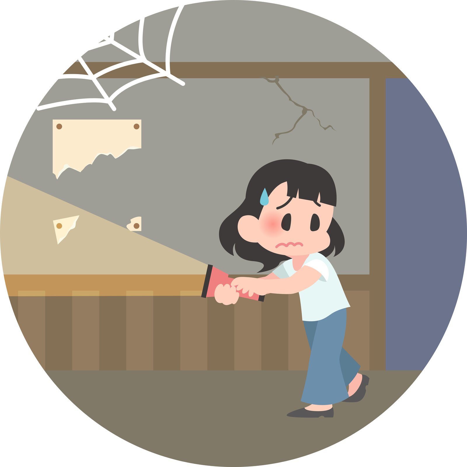 Ilustracja wektorowa przedstawiająca młodą azjatkę, która znajduje się w opuszczonym pomieszczeniu. Na jej twarzy widać niepewność i strach.