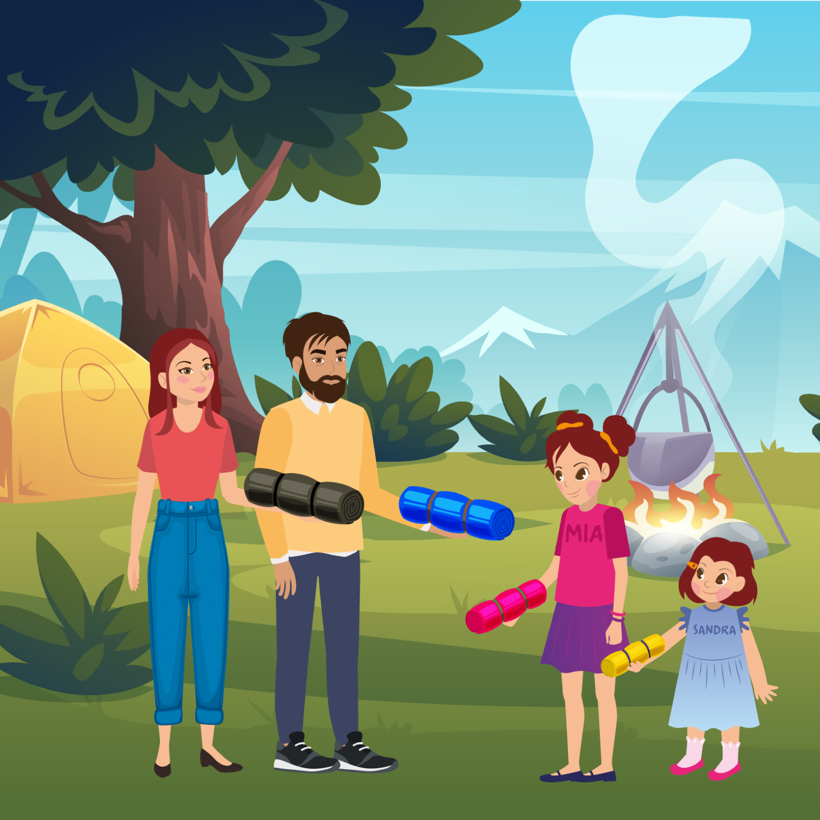 Ilustracja przedstawia zieloną polanę z wielkim liściastym drzewem, przy którym rozbity jest mały, strzelisty namiot. Na polanie, znajduje się rozpalone ognisko ze stelażem, na którym wisi garnek, z gotującą się wodą. W tle widać ośnieżone szczyty gór. Na polanie stoją ludzie. Sandra, trzyma żółtą karimatę. Mia, trzyma różową karimatę. Tata Mii, trzyma niebieską karimatę. Mama Mii, trzyma czarną karimatę. 