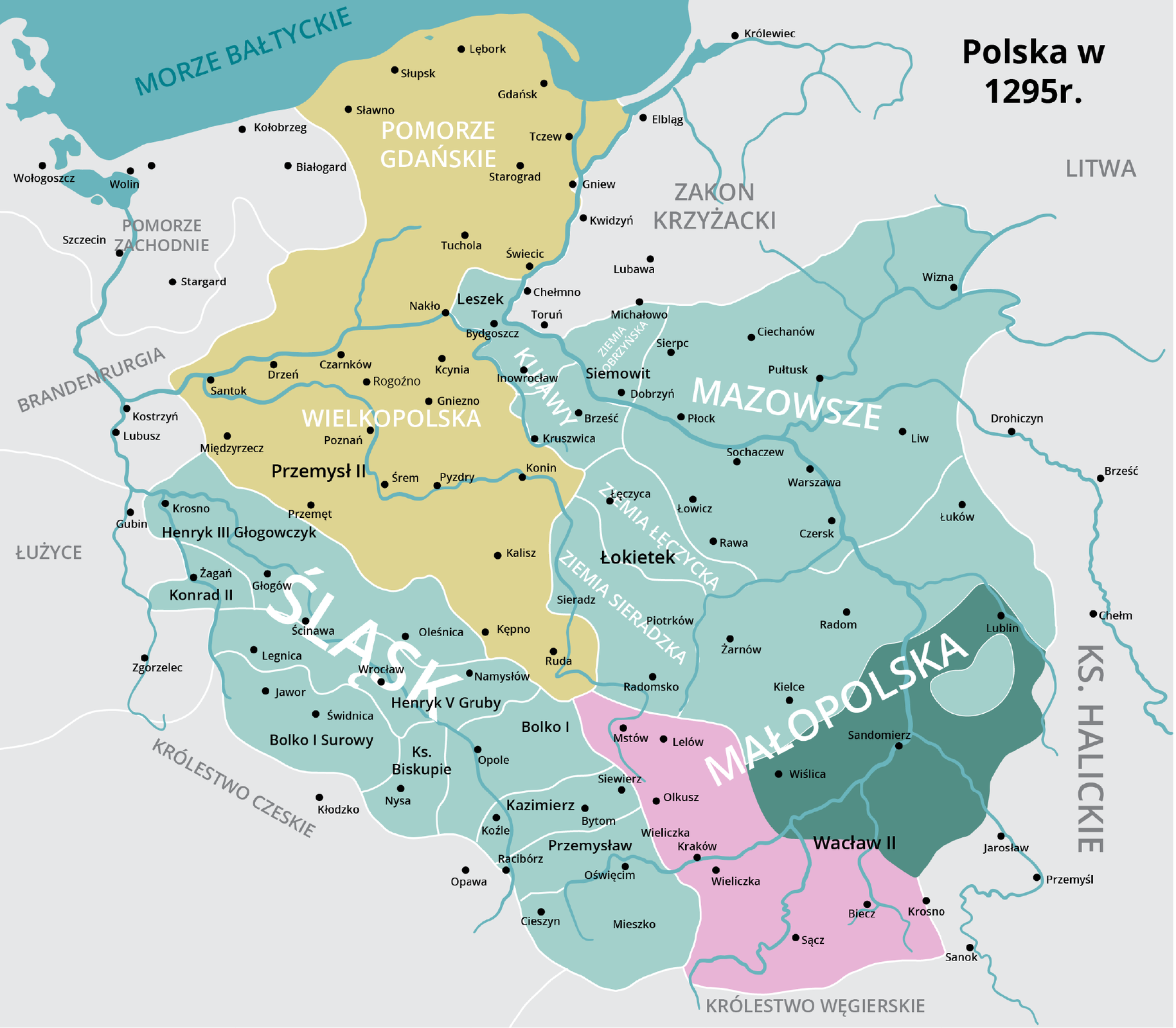 Mapa przedstawiająca Polskę w 1295 roku. Polska dzieliła się na Pomorze Gdańskie, Mazowsze, Wielkopolskę, Śląsk, Księstwo Krakowskie, Małopolskę, Ziemię Łęczycką i Ziemię Sieradzką, Kujawy.