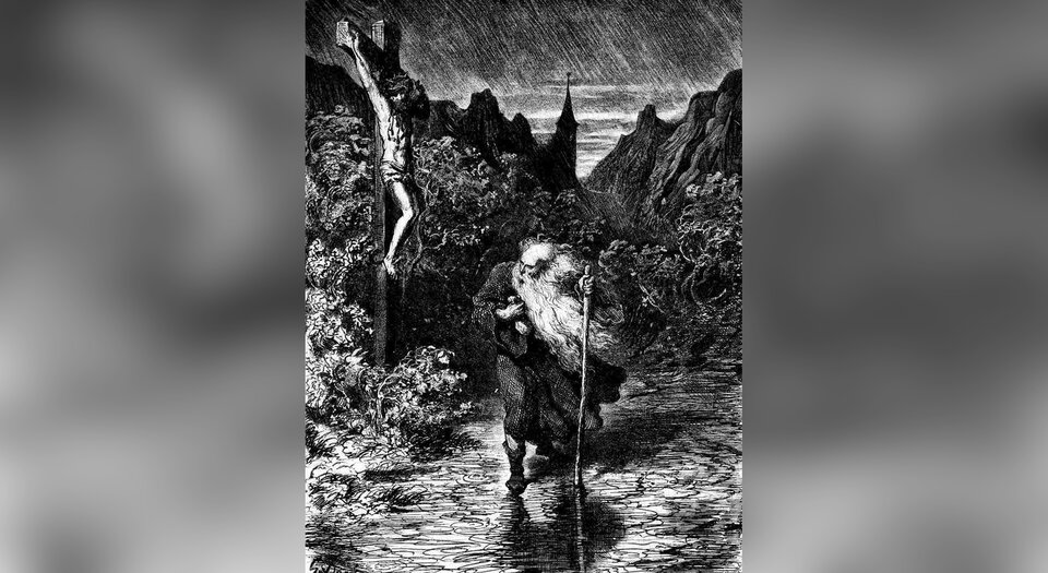 Obraz przedstawia idącego drogą starego mężczyznę w długiej szacie. Mężczyzna ma długą, rozwichrzoną brodę,  jest zgarbiony, podpiera się drewnianym kosturem. Za jego plecami, po lewej stronie, przy drodze stoi drewniany krzyż z Jezusem Chrystusem. 