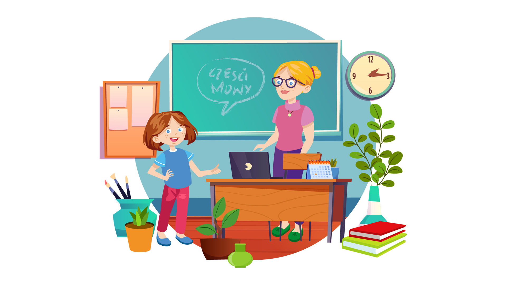 Ilustracja przedstawia klasę szkolną. W tle widać turkusową ścianę, na środku której wisi zielona tablica w białej ramie. Na tablicy jest napis wykonany białą kredą: „CZĘŚCI MOWY”. Po prawej stronie tablicy wisi okrągły turkusowy zegar ze wskazówkami, a po lewej prostokątna tablica korkowa w brązowej ramie. Do tablicy są przyczepione pinezkami trzy puste białe kartki. Poniżej, na drewnianej podłodze, stoi duży turkusowy wazonik z trzema pędzlami, a obok niego niewielka zielona roślina w pomarańczowej donicy. Po prawej stronie ilustracji są ułożone na podłodze dwie książki jedna na drugiej. Pierwsza ma czerwoną okładkę, a druga jasnozieloną. Za nimi stoi wysoki wazon w biało‑turkusowe pasy. Znajdują się w nim trzy gałązki z licznymi zielonymi listkami. Na pierwszym planie, na środku ilustracji, stoi na podłodze kolejna zielona roślina, w ciemnobrązowej donicy. Obok niej jest pusty mały jasnozielony wazonik. Nieco dalej, w centralnej części ilustracji, stoi brązowe biurko. Ustawiono na nim otwarty czarny laptop, czerwono‑niebieski kalendarz biurkowy i niewielką zieloną roślinę w niebieskiej donicy. Przy biurku jest brązowe krzesło, za którym stoi nauczycielka. Ma blond włosy upięte w kok, jest ubrana w różową bluzkę z krótkimi rękawami i golfem, długie fioletowe spodnie i zielone buty. Na nosie ma okulary w granatowych oprawkach, a na szyi wisiorek. Patrzy na stojącą na lewo od biurka Maję. Dziewczynka uśmiecha się, prawą dłoń opiera o biodro, a kciuk lewej dłoni unosi do góry.
