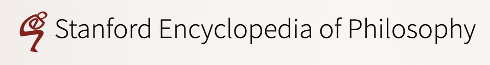 Grafika przedstawia logo „Stanford Encyclopedia of Philosophy”. Po lewej stronie znajduje się czerwony symbol przypominający uproszczoną, abstrakcyjną postać człowieka w ruchu lub znak graficzny z krzywą linią. Po prawej stronie widnieje czarny napis „Stanford Encyclopedia of Philosophy” zapisany prostą, elegancką czcionką na jasnym tle.