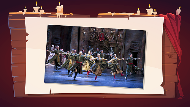 Na ilustracji widać grupę tancerzy lub aktorów na scenie, wykonujących choreograficzny ruch. Wszyscy są ubrani w stroje w odcieniach zieleni, brązu i czerwieni, przypominające historyczne kostiumy, z długimi płaszczami lub tunikami i czerwonymi pasami. Kobiety w grupie mają rozkloszowane suknie, a niektórzy tancerze mają uniesione nogi. Ich ręce są wyciągnięte na boki, tworząc jednolity, synchronizowany obraz. Tło sceny jest ozdobione ciemnymi elementami przypominającymi starą architekturę lub zamek, z widocznymi herbami i elementami dekoracyjnymi na ścianach.