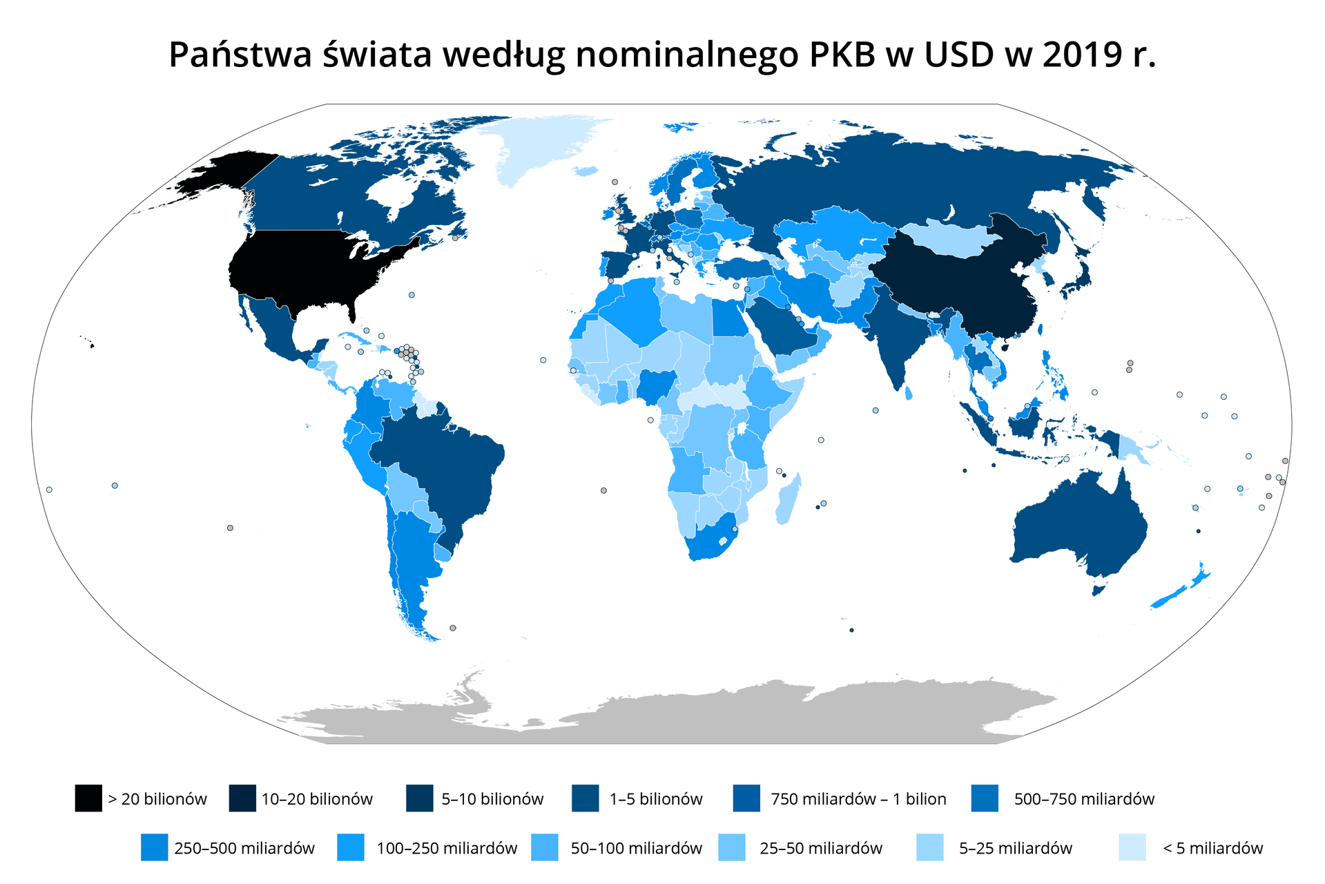 Ilustracja przedstawia mapę świata. Są na niej ukazane państwa świata według nominalnego PKB w USD w 2019 r. Im ciemniejszy kolor, tym większe PKB. Najciemniejszy kolor mają USA, Chiny oraz Japonia. Nieco mniej ciemny kolor dominuje w Europie Zachodniej, Australii, Brazylii, Rosji, Korei Południowej i Indiach. Europa Wschodnia, część Ameryki Południowej, Azja są jaśniejsze. Najjaśniejsze regiony znajdują się w Afryce.