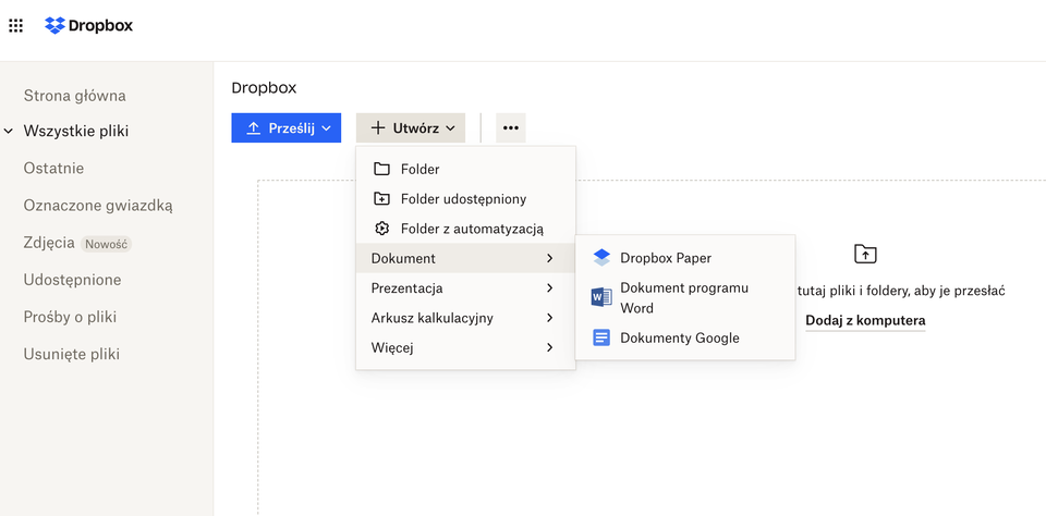 Ilustracja przedstawia tworzenie dokumentu w programie Dropbox. Została rozwinięta opcja Utwórz, w której wybrano opcje Dokument.