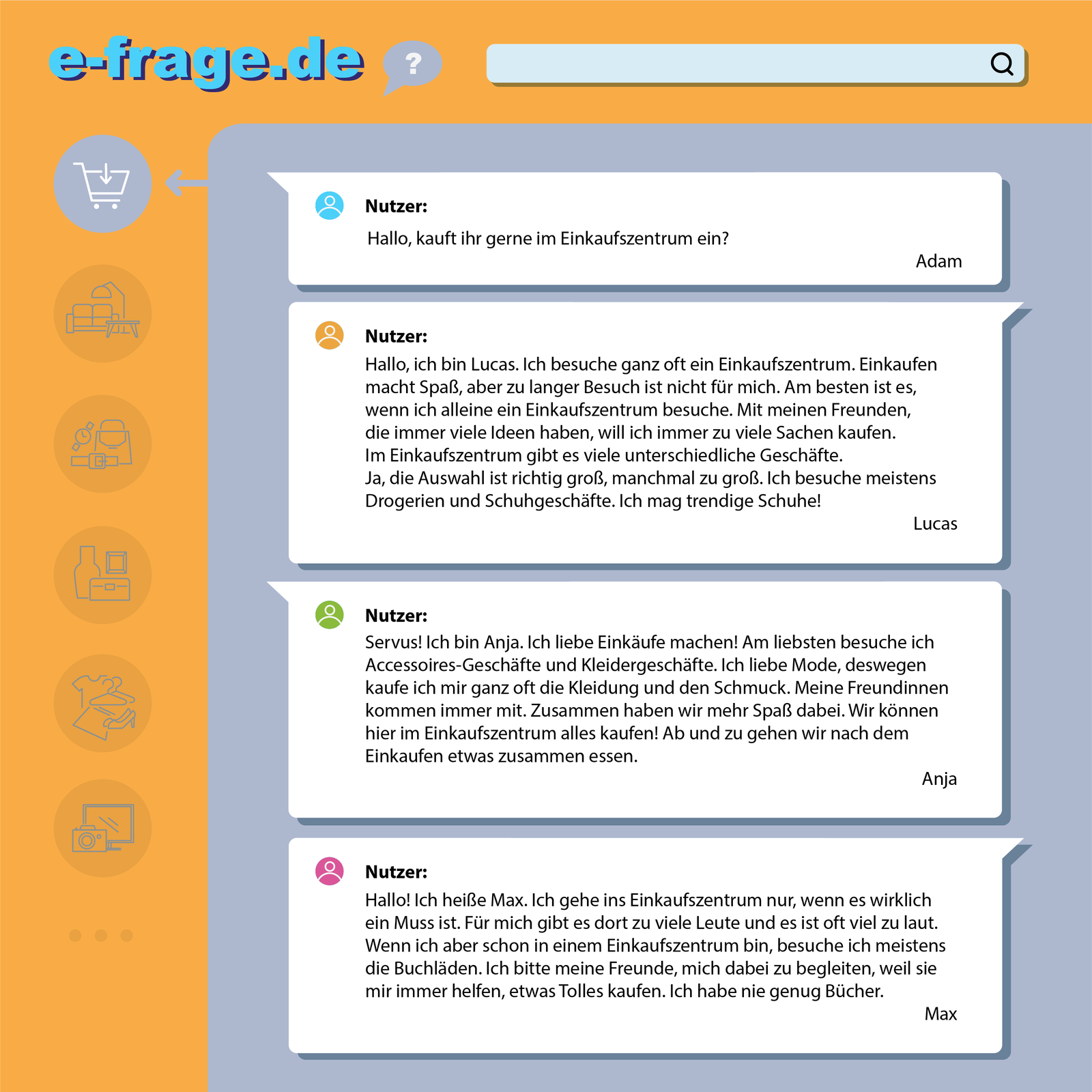 Grafika przedstawia stronę forum internetowego e‑frage.de i okienka dialogowe. Transkrypcja dostępna poniżej.