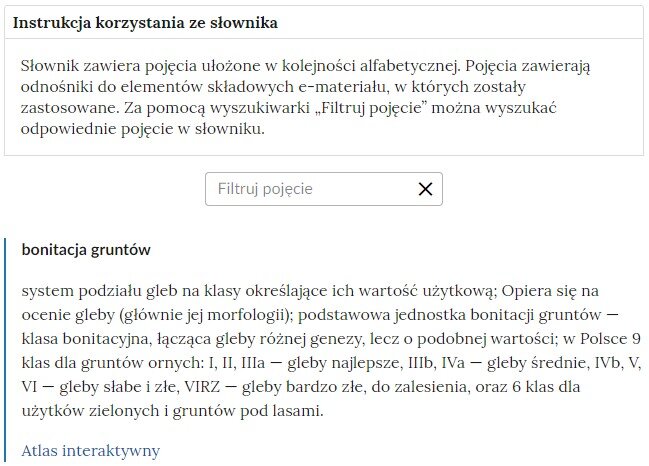 Zdjęcie przedstawia Słownik pojęć dla e‑materiału. Pod tytułem znajduje się prostokątne pole do wyszukiwania pojęć. Pod wyszukiwarką widnieje pojęcie, definicja hasła bonitacja gruntów oraz niebieski link przekierowujący do multimedium.