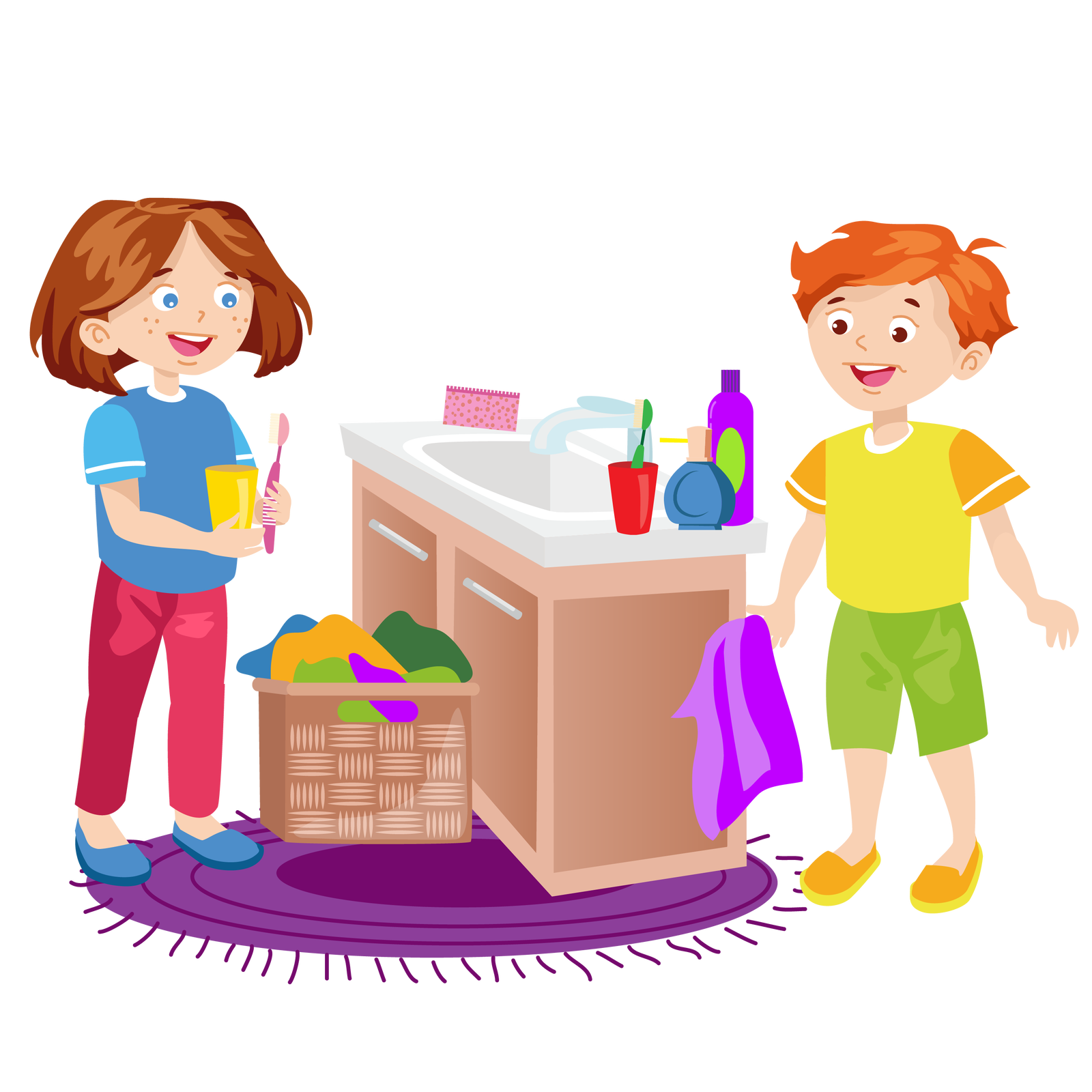 Ilustracja przedstawia jasnobrązową szafkę łazienkową z białą umywalką i srebrnym kranem. Na umywalce znajdują się: różowa gąbka, zielona szczoteczka do zębów w czerwonym kubku, granatowy pojemnik mydła z dozownikiem oraz fioletowa butelka szamponu z jasnozieloną etykietą. Pod szafką leży okrągły fioletowy dywan z frędzlami. Obok szafki ustawiono jasnobrązowy kosz wypełniony kolorowymi ubraniami. Na lewo od kosza stoi uśmiechnięta Maja. Jest ubrana w niebieską koszulkę z krótkimi błękitnymi rękawami, długie ciemnoróżowe spodnie i ciemnoniebieskie buty. W lewej ręce trzyma różową szczoteczkę do zębów, a w prawej żółty kubek. Na prawo od szafki stoi uśmiechnięty Franek. Jest ubrany w żółtą koszulkę z krótkimi pomarańczowymi rękawami, krótkie jasnozielone spodnie i pomarańczowe buty z żółtymi podeszwami. W prawej ręce trzyma fioletowy ręcznik.