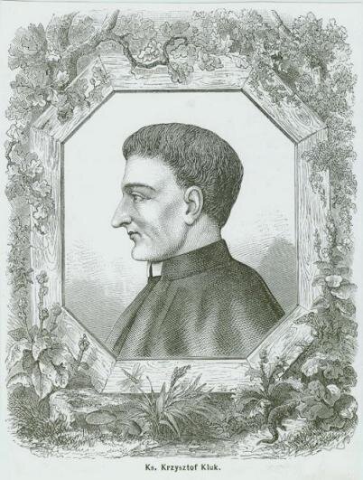 Obraz przedstawia portret dojrzałego mężczyzny. Jest on ukazany lewym profilem. Nos mężczyzny jest duży, haczykowaty, broda wystająca, czoło wysokie. Mężczyzna jest w sutannie z koloratką pod szyją.