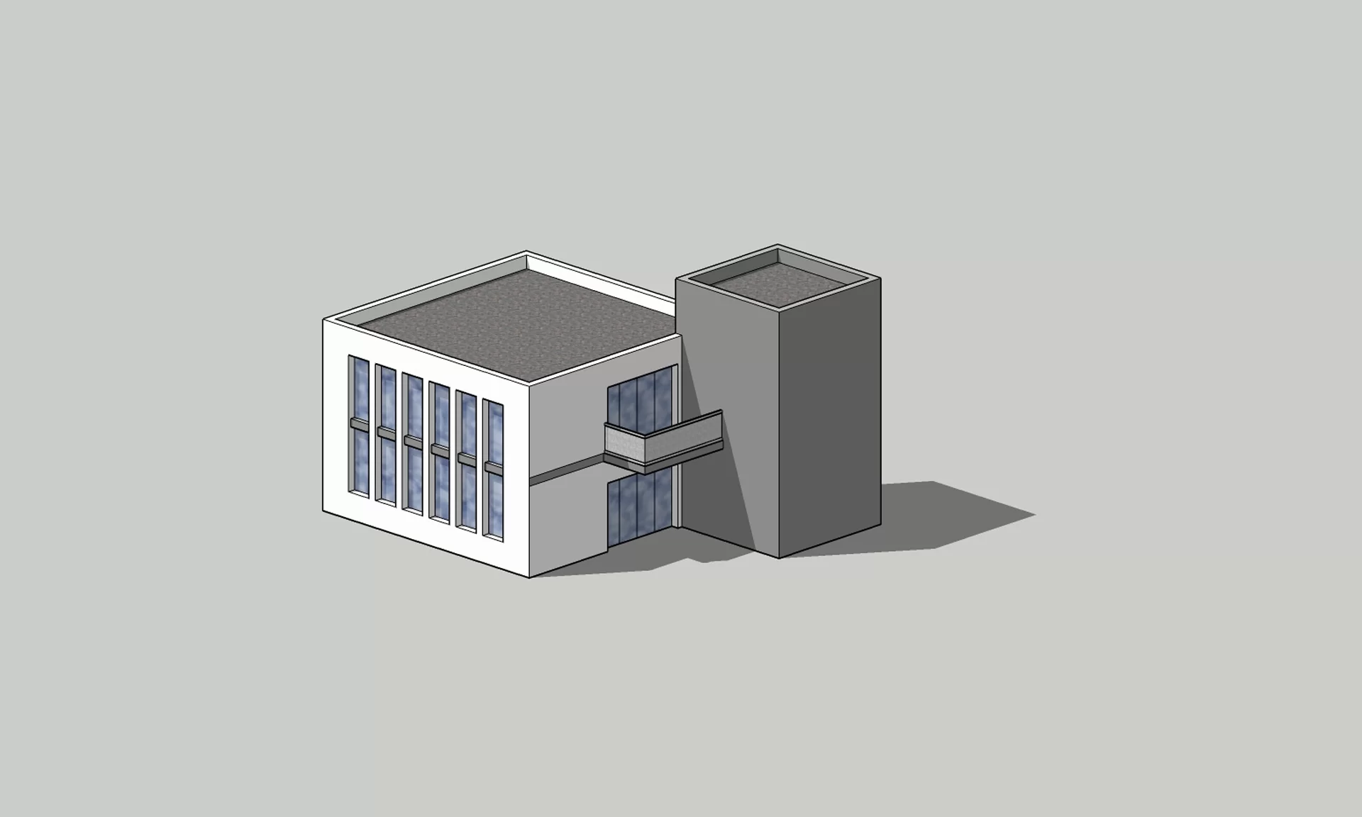 Ilustracja przedstawia budynek, złożony z dwóch brył, prostopadłościanów. Jest to przykłady bryły budynku narysowanej w rzucie aksonometrycznym.
