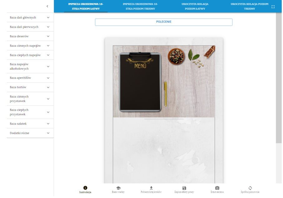 Grafika przedstawia widok strony startowej programu ćwiczeniowego do projektowania przez dobieranie.