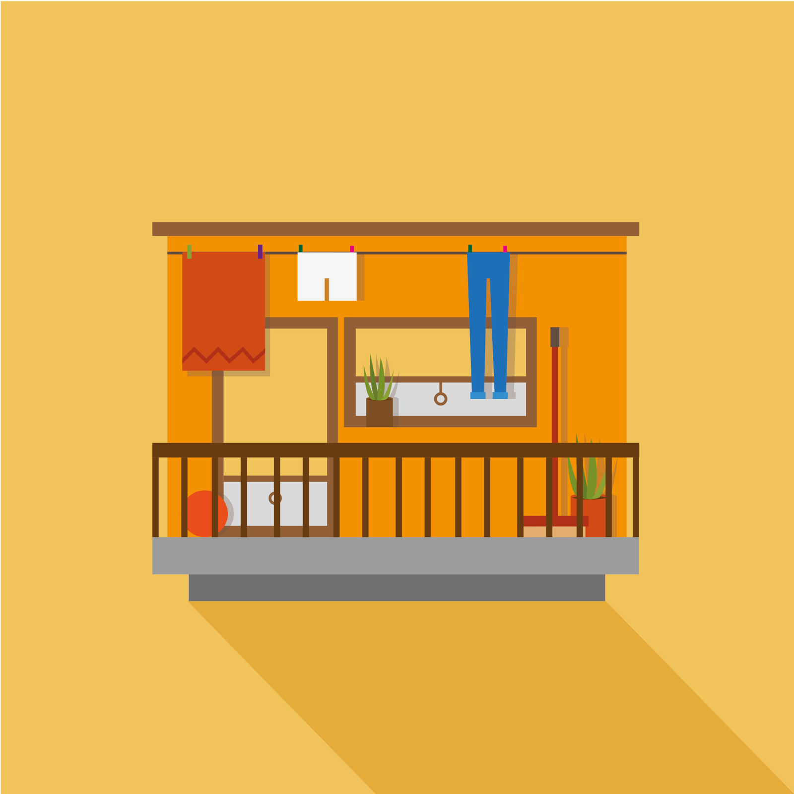 Ilustracja przedstawia balkon. Jego konstrukcja jest w kolorze szarym, a balustrada ma kolor brązowy. Jest on przymocowany do żółtej ściany. W oknach widoczne są żółte żaluzje oraz kwiaty. Na sznurku rozciągniętym na długości balkonu wiszą ubrania. Balkon rzuca cień, światło pada z lewej strony.