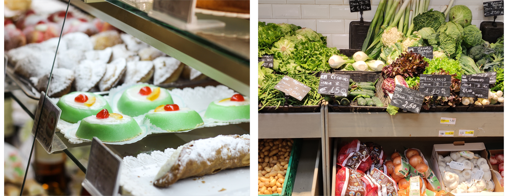 Ilustracja składa się z dwóch zdjęć, Zdjęcie po lewej przedstawia ladę ze słodyczami, a zdjęcie po prawej regał z warzywami.