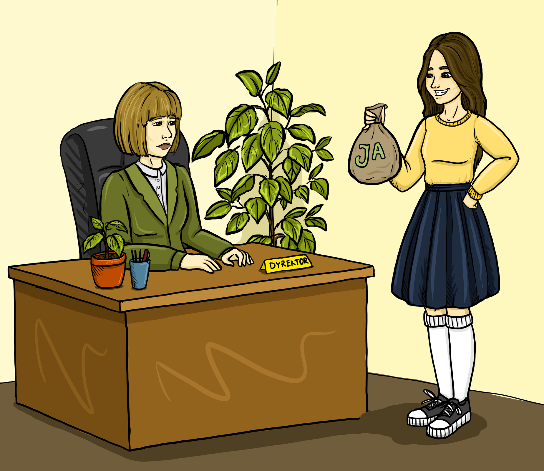 Ilustracja przedstawia dwie kobiety. Jedna z nich siedzi za biurkiem, a jej stanowisko jest podpisane dyrektor. Druga kobieta stoi przed biurkiem i w ręku trzyma worek z napisem ja.