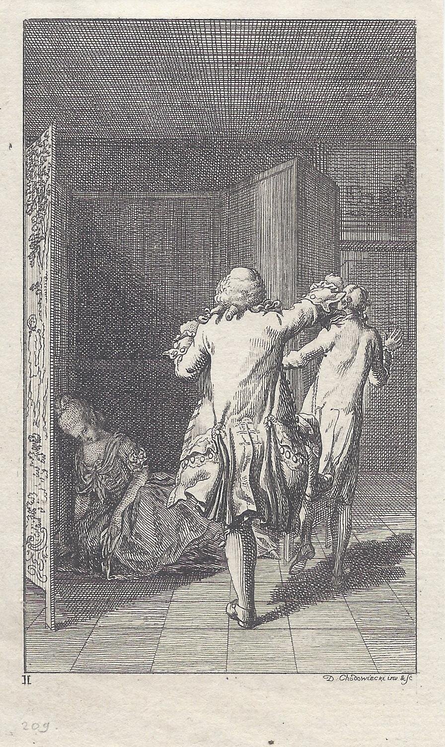 Czarno‑biała rycina przedstawiająca scenę we wnętrzu pomieszczenia. Na pierwszym planie, po prawej stronie, stoją dwaj mężczyźni ubrani w długie płaszcze sięgające do kolan, pończochy i buty na obcasie. Są zwróceni tyłem do widza. Jeden z nich unosi rękę i chwyta drugiego mężczyznę za twarz lub policzek. Drugi mężczyzna odchyla głowę do tyłu i unosi ręce. Po lewej stronie, przy ścianie lub parawanie, na podłodze siedzi kobieta w długiej sukni. Jej głowa jest pochylona w dół, a ciało lekko przechylone na bok. Jedna ręka opiera się o podłogę. Za mężczyznami znajdują się otwarte drzwi lub skrzydło parawanu ustawione pod kątem. Tło wypełnia gęsta siatka linii tworzących ściany pomieszczenia. Podłoga jest zaznaczona prostokątnymi płytkami. Po lewej stronie stoi wysoki, dekorowany panel lub parawan z widocznym wzorem roślinnym. W dolnym rogu ryciny widoczny jest podpis autora.