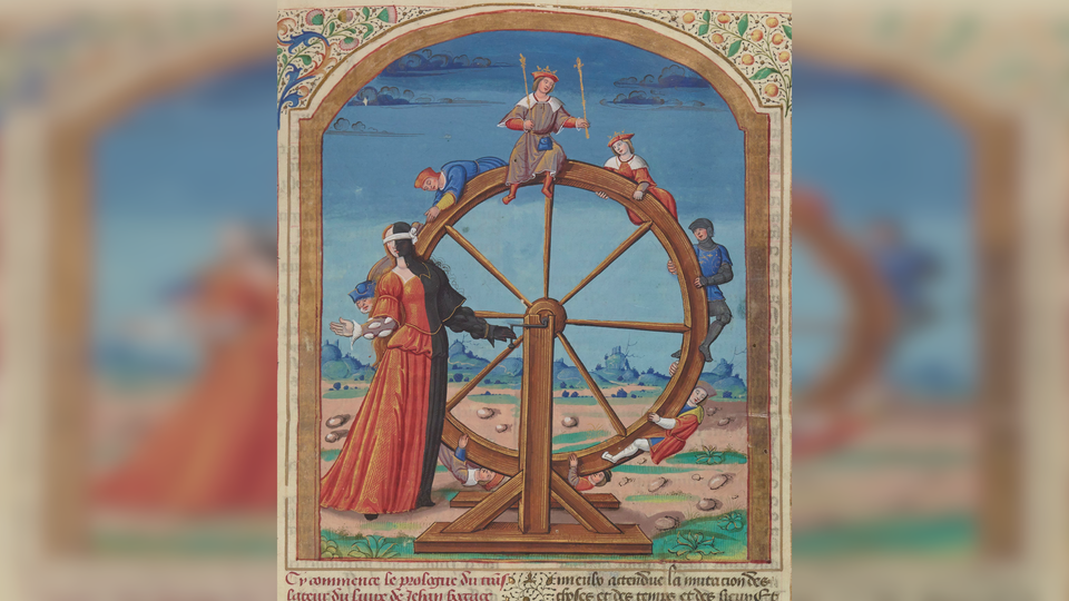 Obraz przedstawia kobietę kręcącą dużym, drewnianym kołem. Połowa ciała kobiety i jej sukni jest czarna. Kobieta ma zasłonięte oczy. Na kole znajdują się ludzkie postacie. Trzymają się kola. W tle pole i masywy górskie.