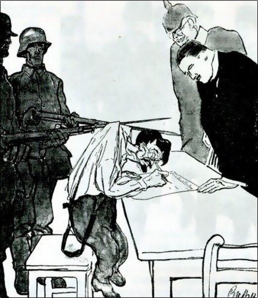 Ilustracja przedstawia mężczyznę w okularach i zniszczonym ubraniu piszącego na na kartce papieru. Przed nim stoi mężczyzna w marynarce i przygląda się jak ten pierwszy pisze. Z tyłu stoi dwóch żołnierzy z karabinami.