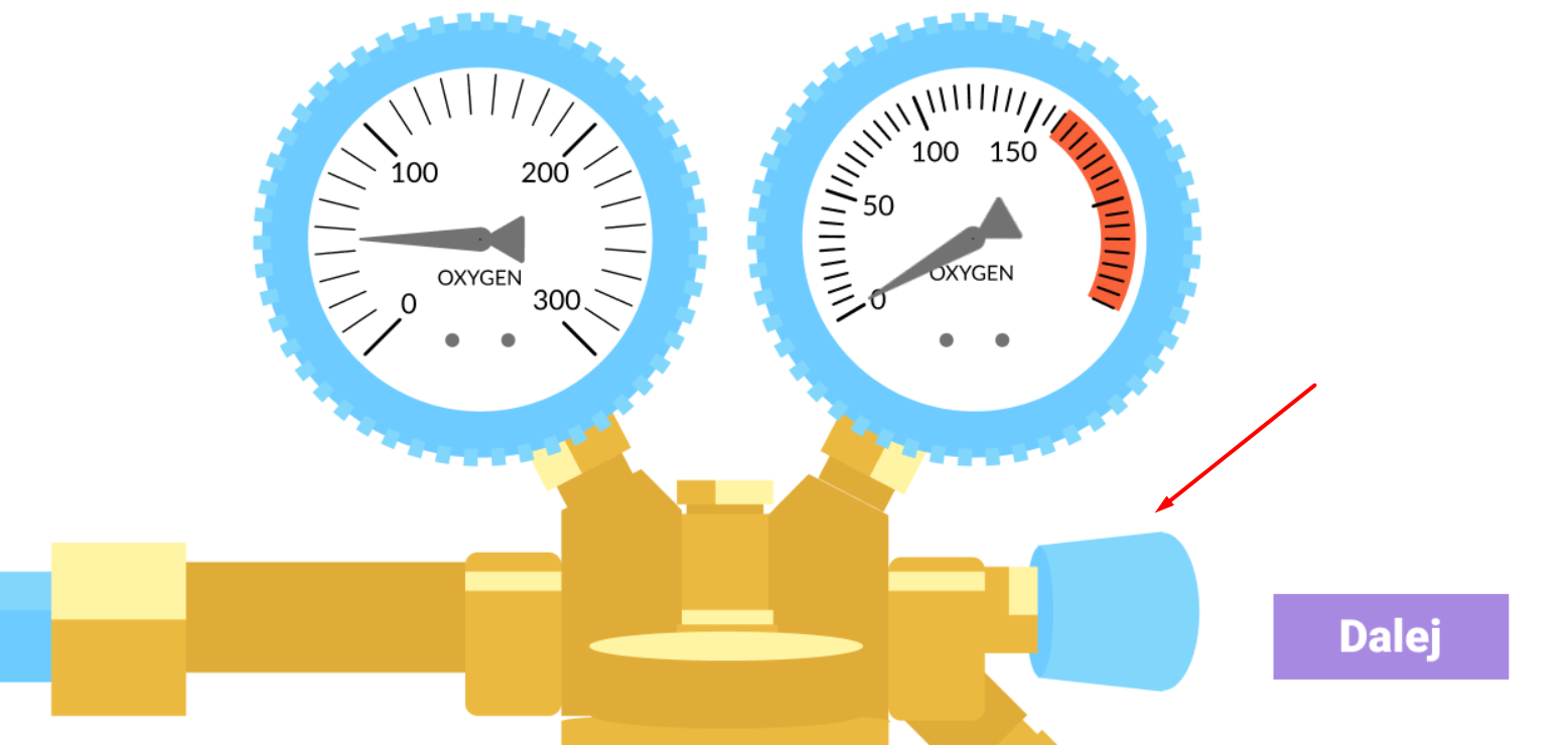Grafika przedstawia widok na liczniki tlenu. Poniżej widać pokrętło, na które należy klikać, by ustawić odpowiednią wartość. Na pokrętło wskazuje czerwona strzałka.