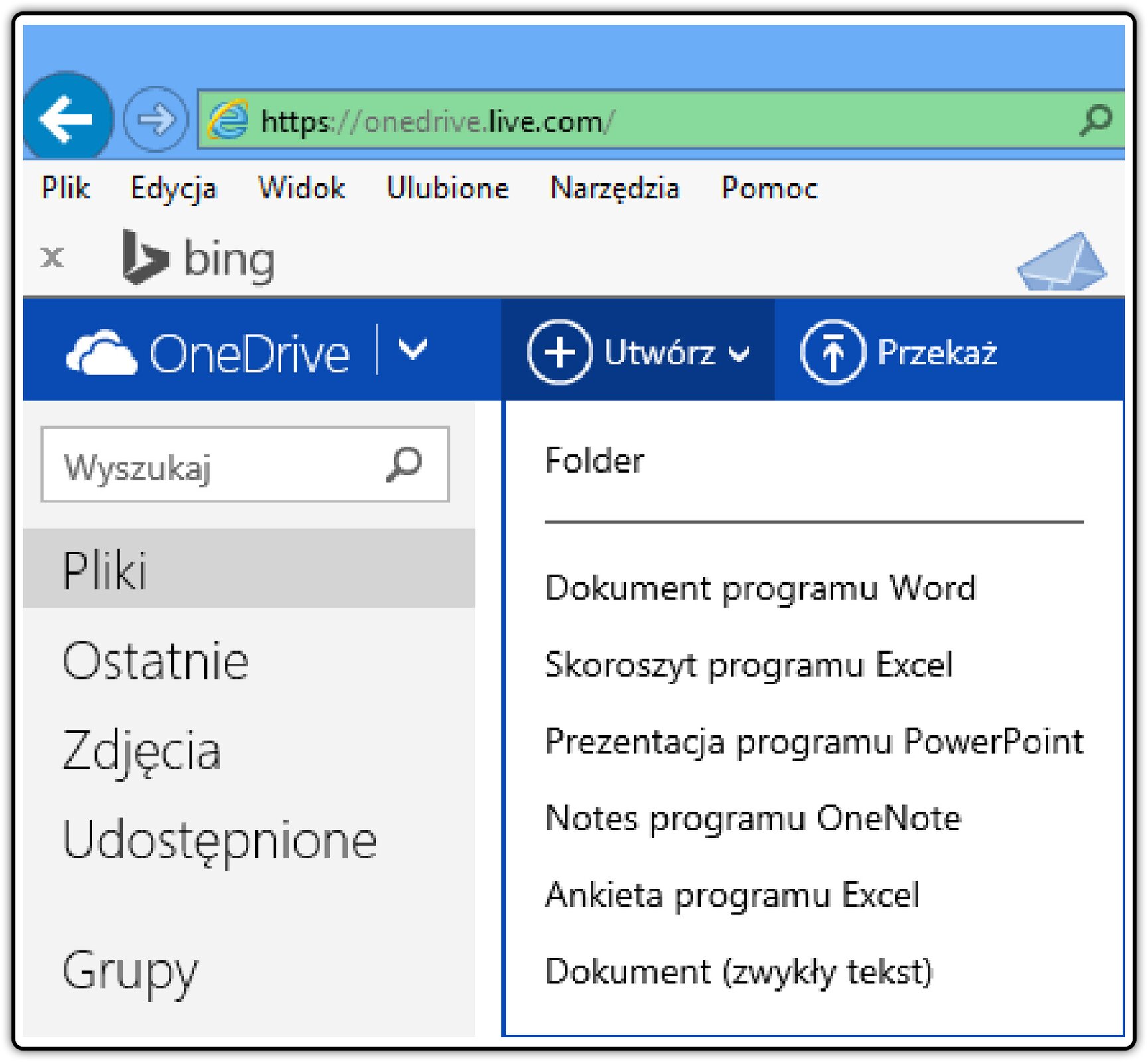 Zrzut fragmentu okna usługi OneDrive z listą dostępnych aplikacji