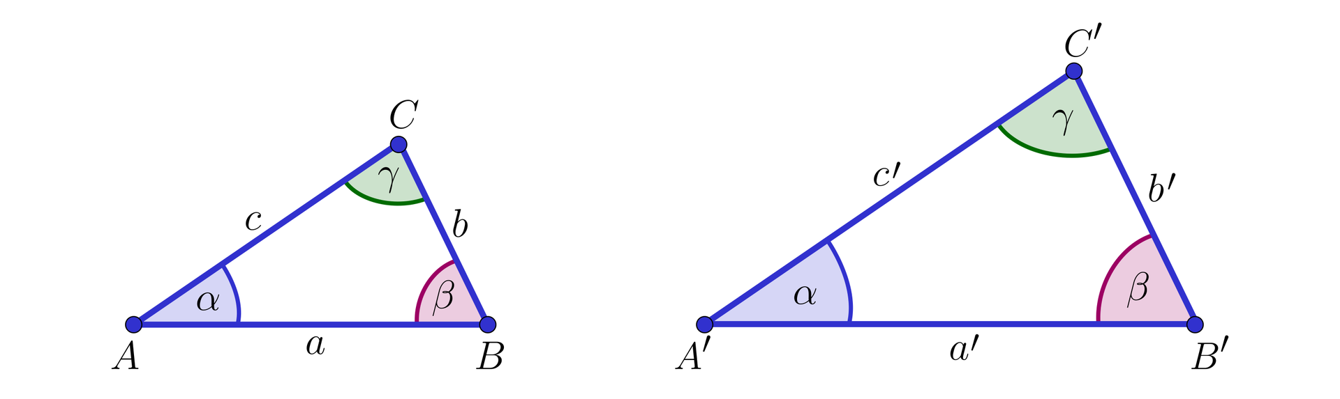 Na ilustracji przedstawiono trójkąt ABC, oraz A'B'C'. W obu trójkątach zaznaczono kąty α, β i γ. Odpowiednio przy wierzchołkach A i A' znajduje się kąt α. Przy wierzchołkach B i B' znajduje się kąt β. Przy wierzchołkach C i C' znajduje się kąt γ.