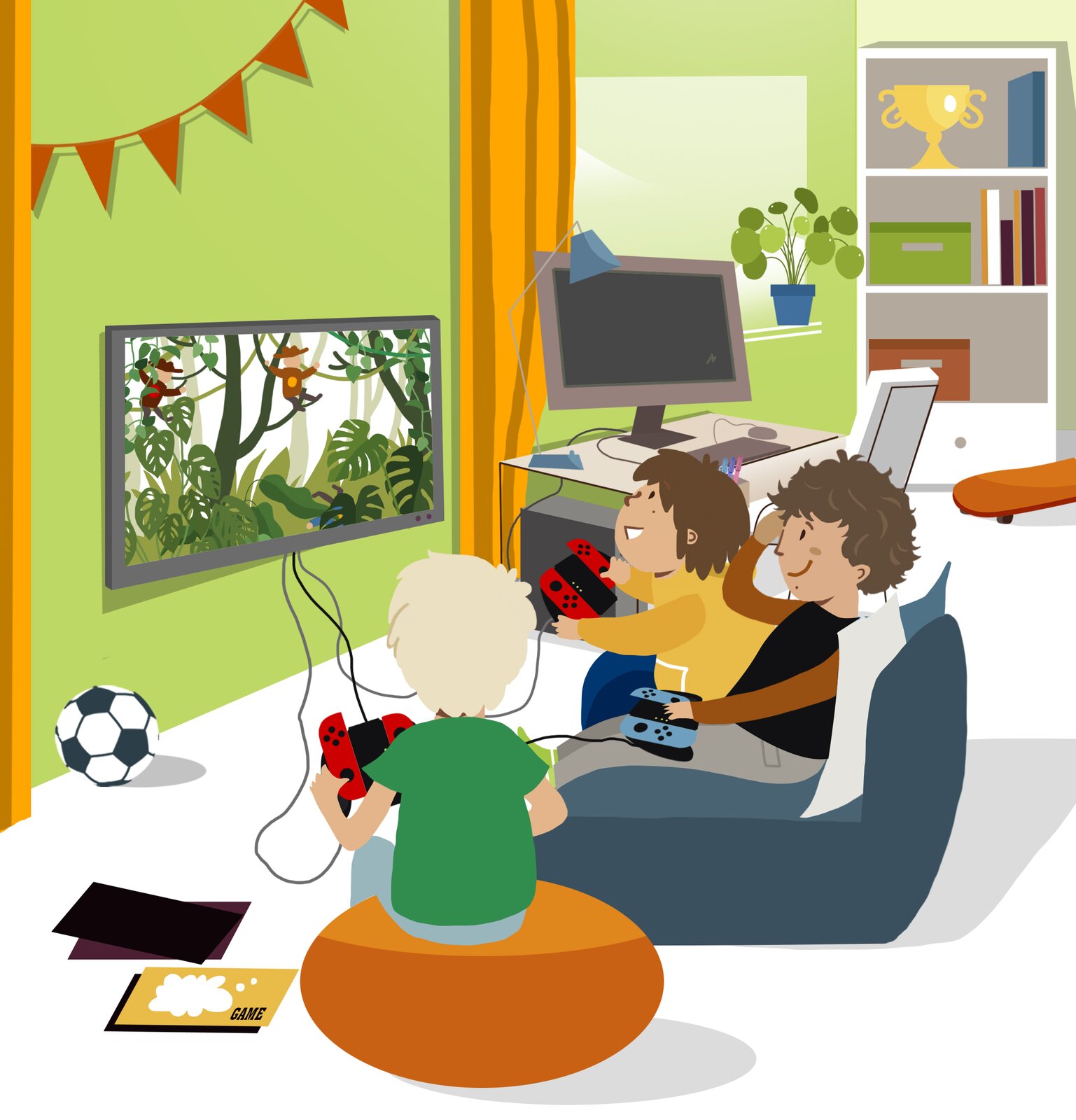 Ilustracja przedstawia trzech chłopców. Siedzą w salonie na fotelach przed ekranem telewizora. W rękach trzymają konsole, które są do niego podłączone. Prowadzą grę, podczas której eksplorują dziką dżunglę, co widoczne jest na ekranie.