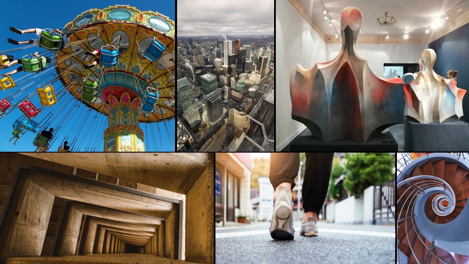 Ilustracja składa się z sześciu fotografii ułożonych w dwóch stycznych rzędach po trzy zdjęcia w każdym. Na górze od lewej: karuzela z dziećmi widziana od dołu; panorama miasta z wieżowcami; dwie rzeźby we wnętrzu (holu teatralnym); na dole od lewej: puste wnętrze, którego ściany zmniejszają się uskokowo wraz z oddaleniem; zbliżenie na fragment chodnika z idącym człowiekiem w butach sportowych (kadr ukazuje nogi do kolan); rzut z góry na spiralne schody.