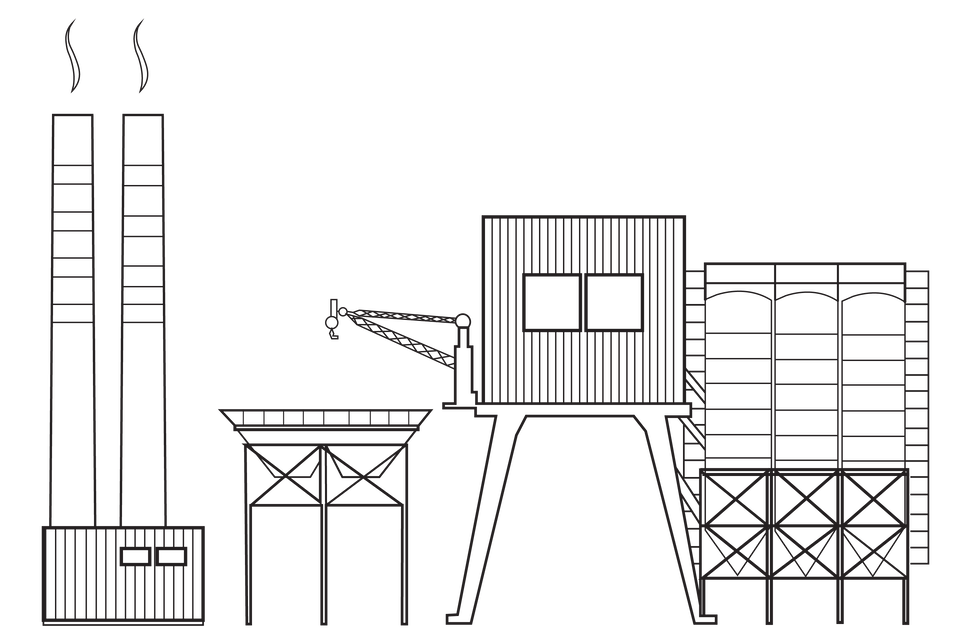 Schemat przedstawia grafikę ukazującą hutę. Po lewej stronie widoczne są dwa wysokie kominy  przesuwając się w prawo widać zbiorniki o różnych kształtach i wysokości. Po prawej stronie przedstawiono cztery kominy różnej wysokości ale wszystkie niższe niż te po lewej stronie.