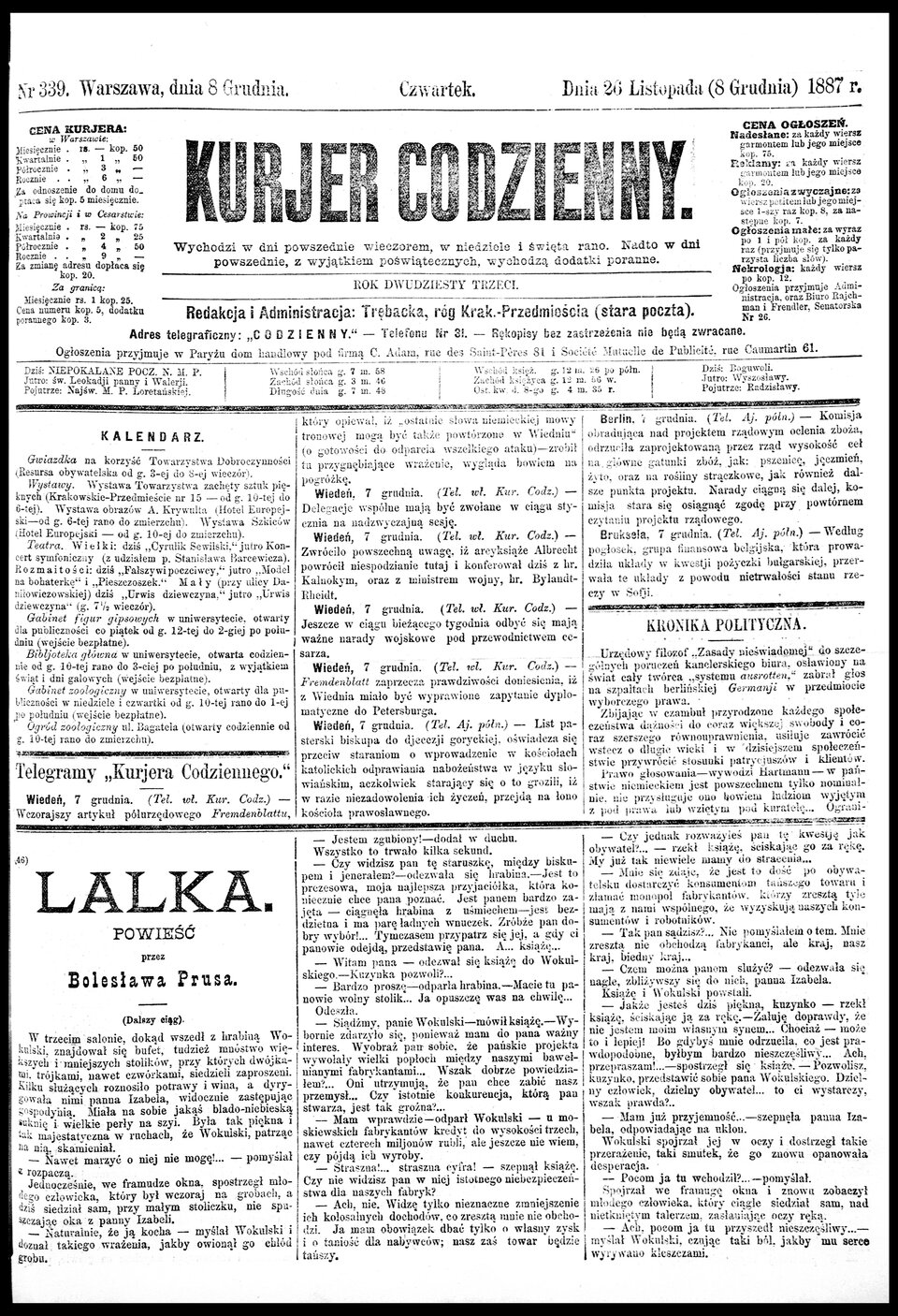 Ilustracja przedstawia stare zdjęcie pierwszej strony Kuriera Codziennego, gazety z 26 listopada 1887 roku, wydawanej w Warszawie. Na stronie umieszczone są działy: kalendarz, kronika polityczna i fragment powieści Lalka Bolesława Prusa.