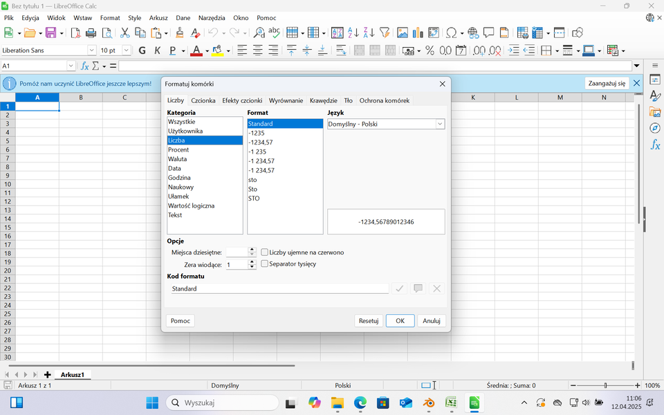 Ilustracja przedstawia otwarte okno programu zatytułowane Formatuj komórki. U góry na pasku zadań wybrano kategorię Liczby. Następnie w opcji Kategorie wybrano opcję Wszystkie, a w opcji Format wybrano Standard. 