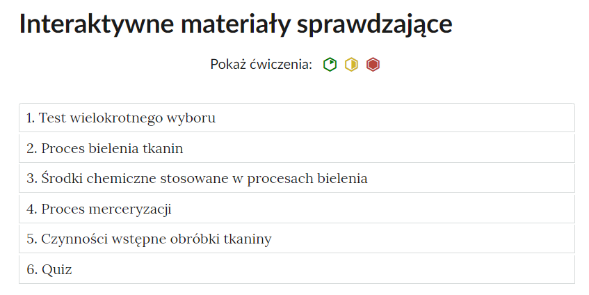 Grafika przedstawia zakładki z pogrupowanymi ćwiczeniami. W kolejnych ramkach tytuły ćwiczeń. 1. Test wielokrotnego wyboru. 2. Proces bielenia tkanin. 3. Środki chemiczne stosowane w procesach bielenia. 4. Proces merceryzacji. 5. Czynności wstępne obróbki tkaniny. 6. Quiz.