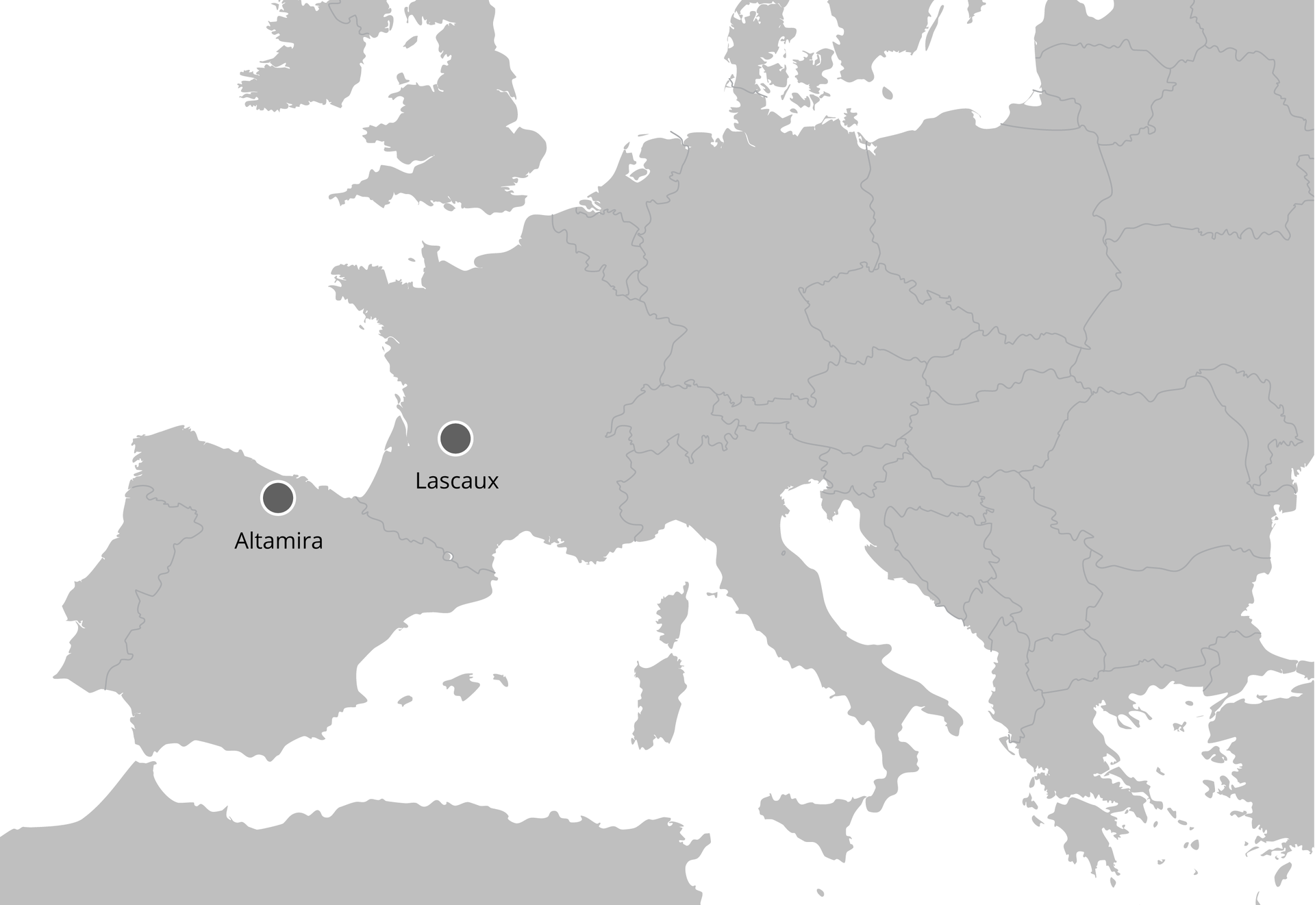 Mapa konturowa Europy z zaznaczeniem lokalizacji jaskiń Lascaux i Altamiry. Lascaux znajduje się na terenie współczesnej Francji, zaś Altamira - Hiszpanii.