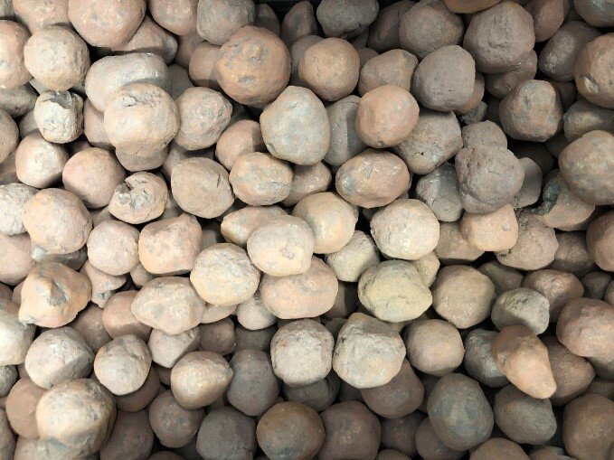 Na zdjęciu przedstawione są grudki. Grudki przypominają okrągłe kamienie o niewielkim rozmiarze. Grudki widoczne na zdjęciu mają kolor biało - szary.