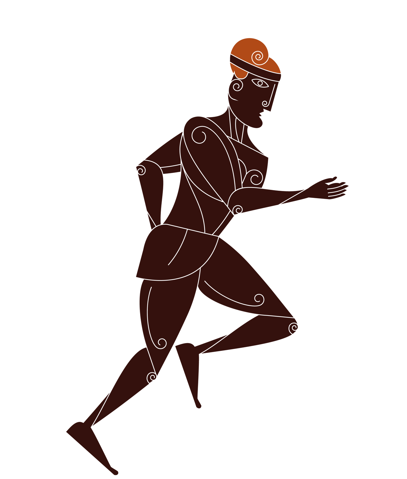 Schematyczny rysunek mężczyzny z zarysem anatomicznym. Postać narysowana z profilu. Mężczyzna ukazany jest w biegu, prawą nogę ma lekko uniesioną do tyłu, lewą zaś niżej, jakby dotykał gruntu. Ręce przy ciele pod kątem prostym. 