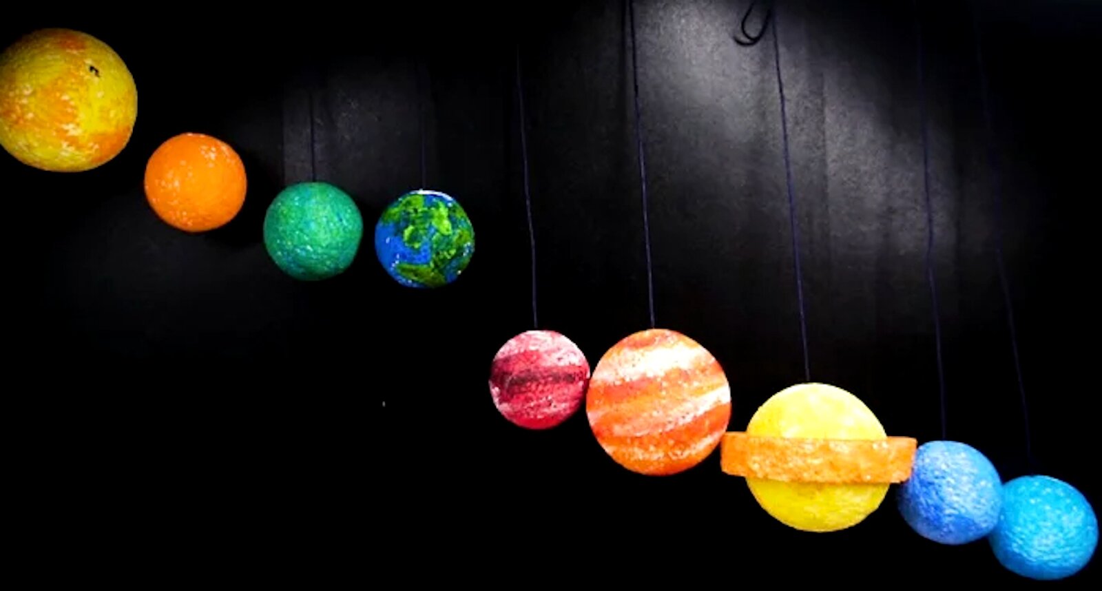 Zdjęcie przedstawia wiszące na sznurkach kule imitujące różne planety.