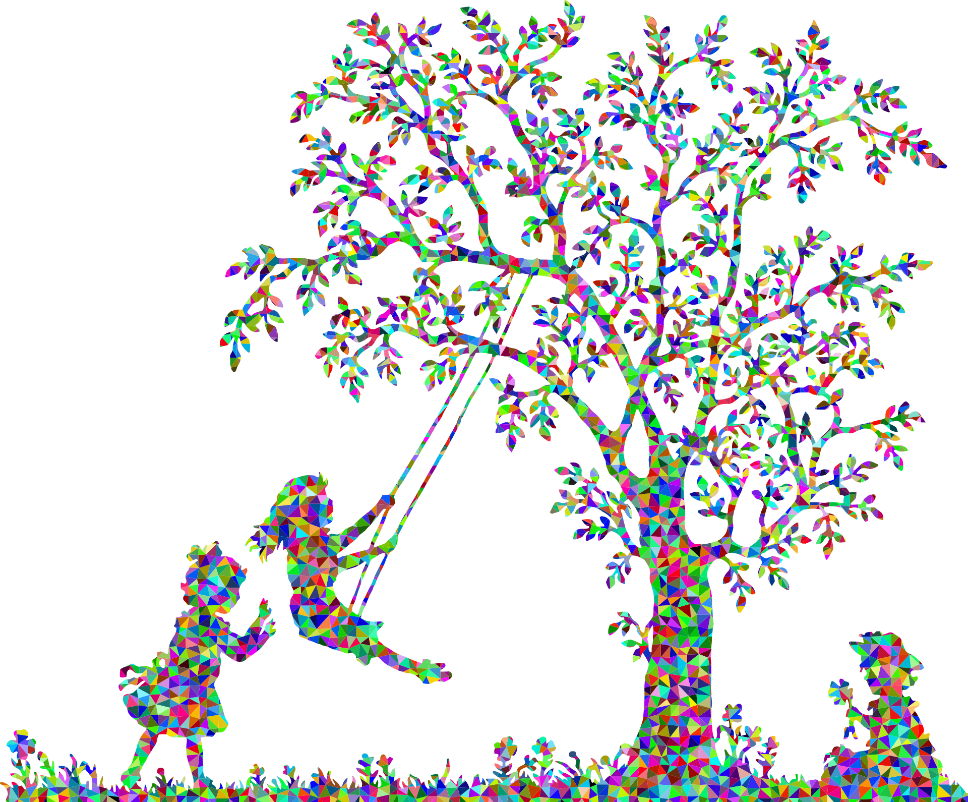 Grafika złożona z małych różnokolorowych trójkątów, przedstawia sylwetki dzieci, które bawią się pod drzewem. Jedno huśta drugie na huśtawce, trzecie siedzi pod drzewem i zbiera kwiaty.