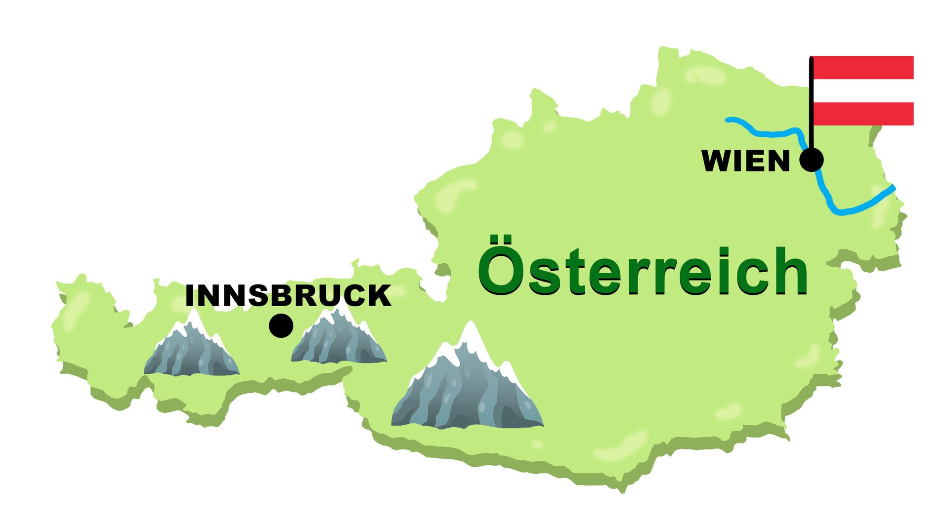 Ilustracja przedstawia mapę Austrii. Zaznaczona została stolica, czyli Wiedeń oraz górzyste tereny w Innsbrucku. 