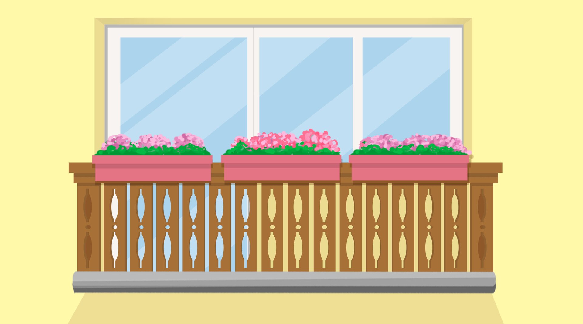 Ilustracja przedstawia balkon. Na poręczy wiszą skrzynki z kwiatami.