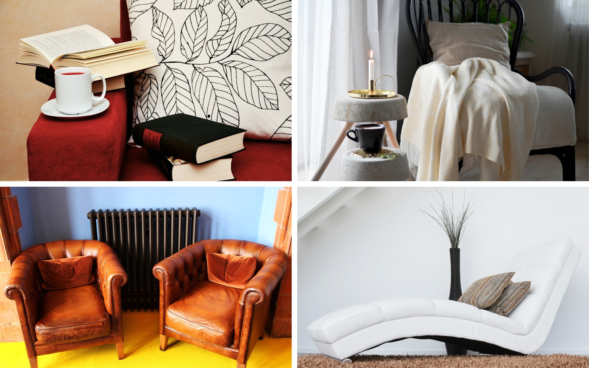 Ilustracja składa się z czterech zdjęć. Na pierwszym zdjęciu znajduje się fragment sofy. Na sofie leży poduszka oraz dwie książki. Na podłokietniku stoi filiżanka, a obok leży otwarta książka.  Na drugim zdjęciu stoją dwa skórzane fotele. Na każdym fotelu leży poduszka. Za nimi wisi przy ścianie kaloryfer. Na trzecim zdjęciu jest fotel, na którym leży poduszka oraz narzuta. Obok fotela stoją dwa małe stoliki. Na wyższym stoliku jest zapalona świeczka, a na niższym stoliku stoi filiżanka. Na czwartym zdjęciu znajduje się nowoczesny szezlong, na którym leżą dwie poduszki. Obok szezlonka stoi wysoki wazon, w którym znajdują się gałązki.